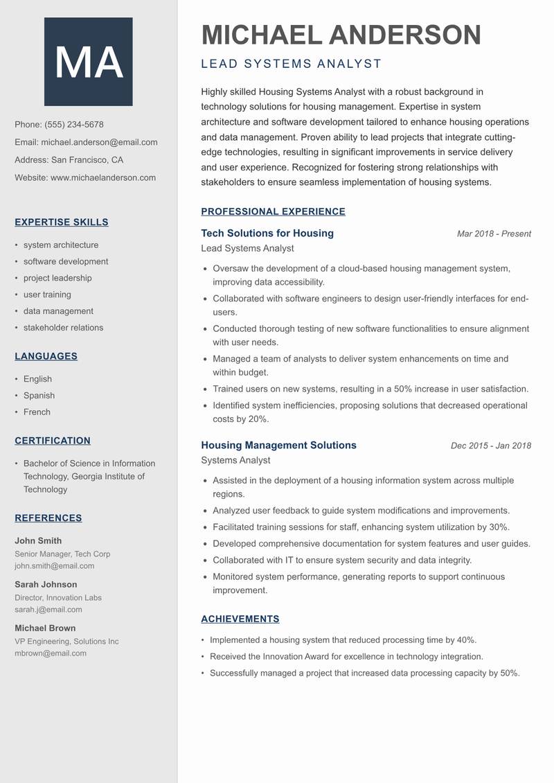 Housing Systems Analyst resume sample — Lead Systems Analyst focus