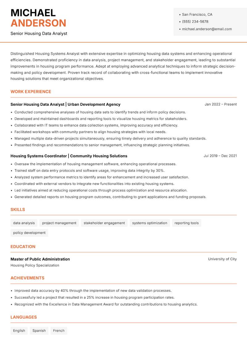 Housing Systems Analyst resume sample — Senior Housing Data Analyst focus