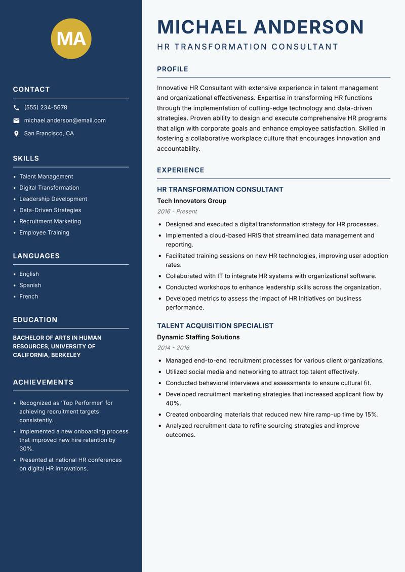 HR Consultant resume sample — HR Transformation Consultant focus