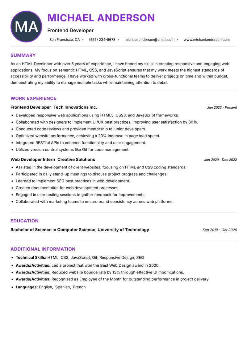 HTML Developer resume example
