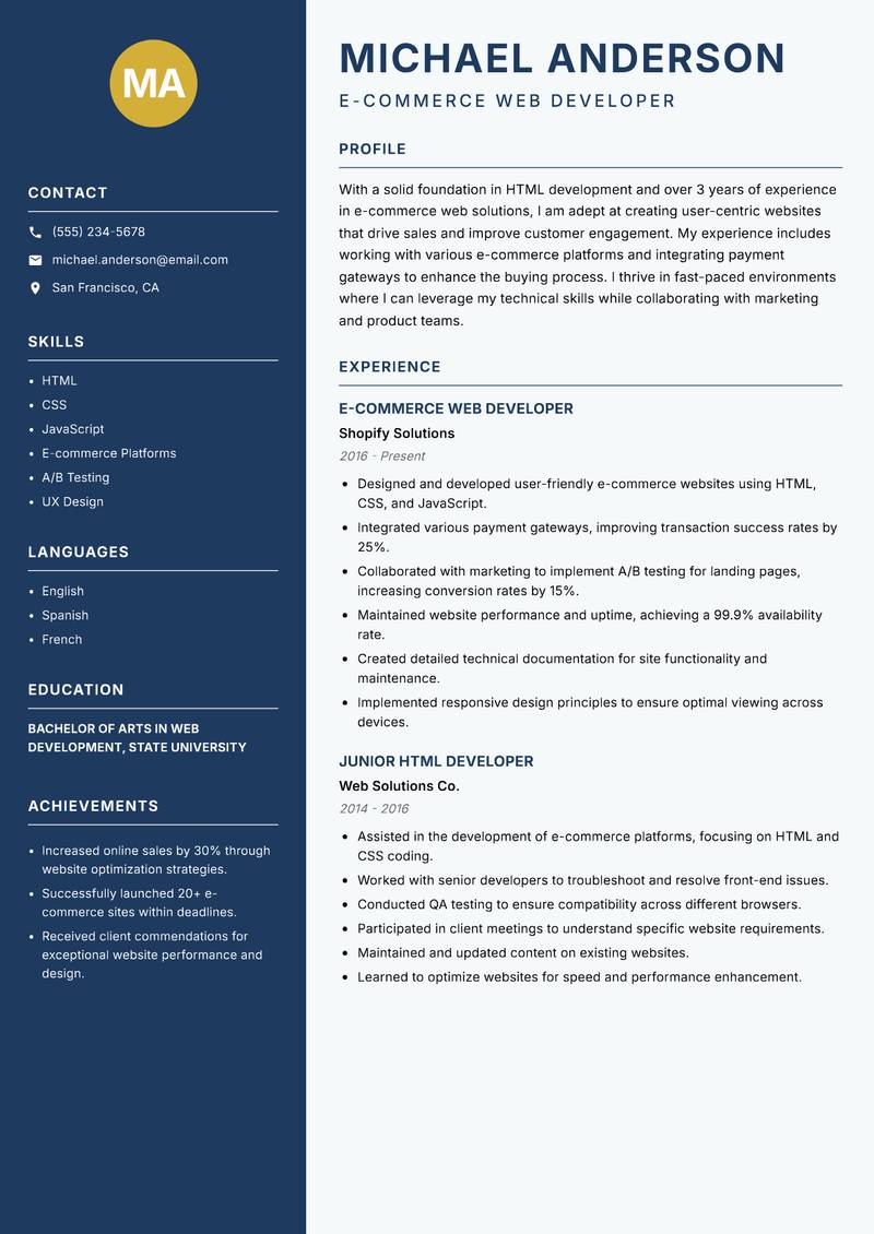 HTML Developer resume sample — E-commerce Web Developer focus