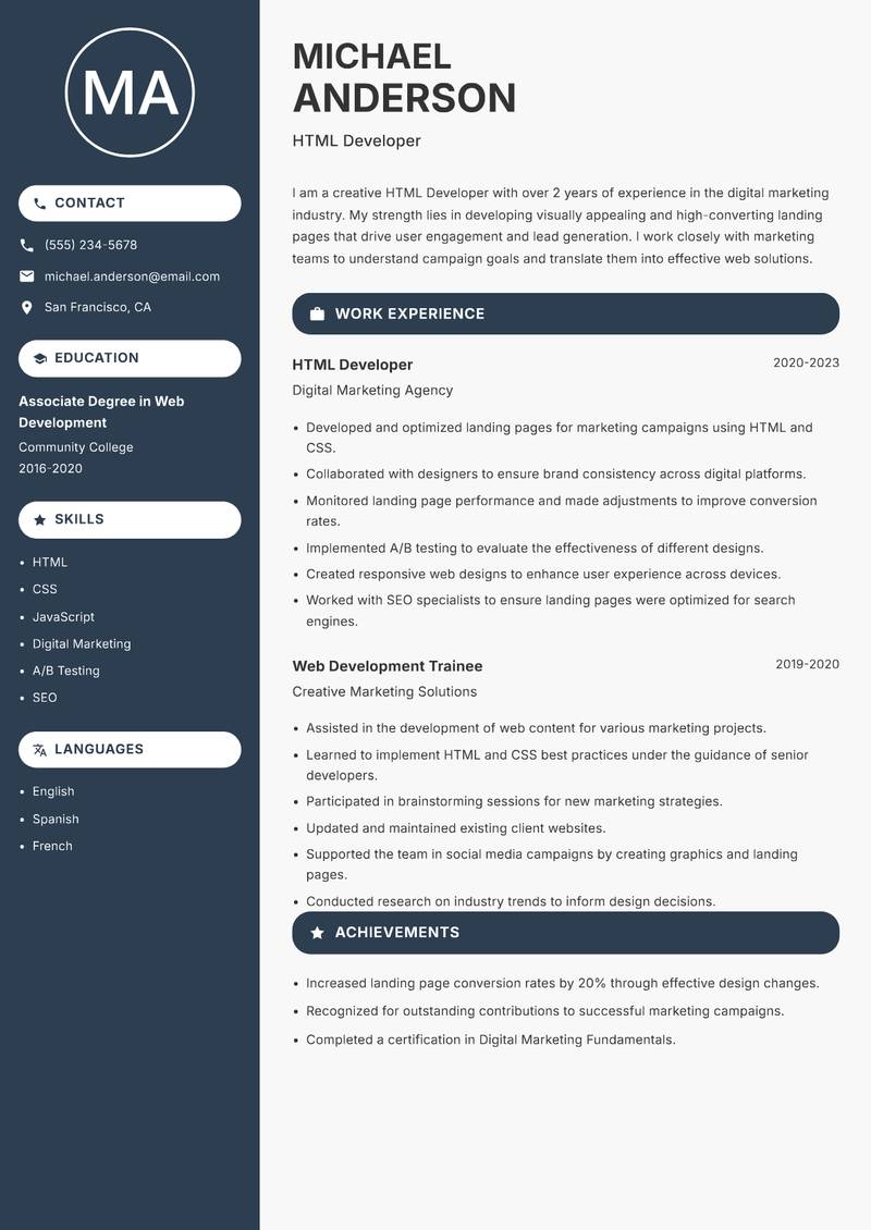 HTML Developer resume sample — HTML Developer focus
