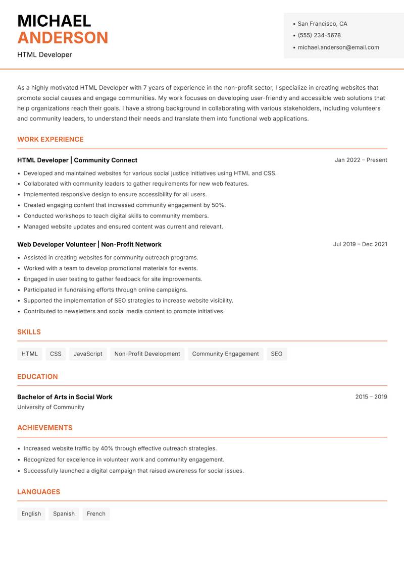 HTML Developer resume sample — HTML Developer focus