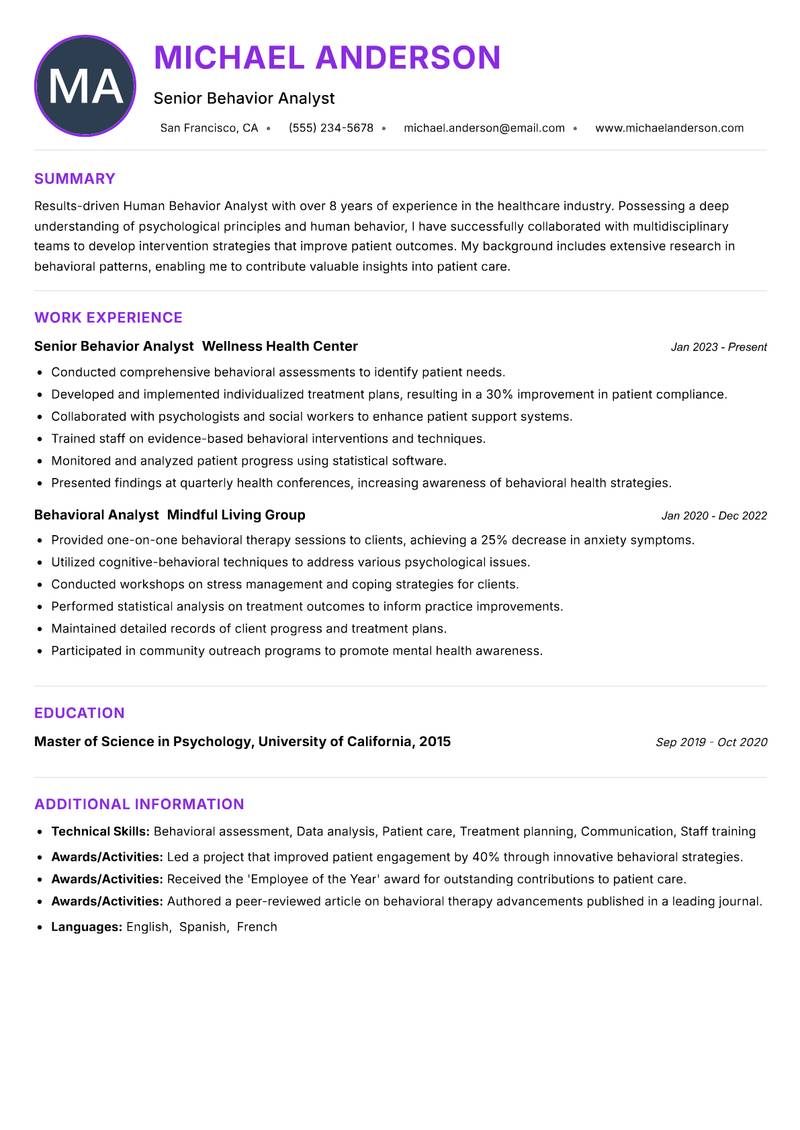 Human Behavior Analyst resume example