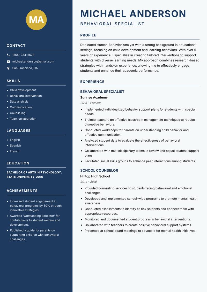 Human Behavior Analyst resume sample — Behavioral Specialist focus