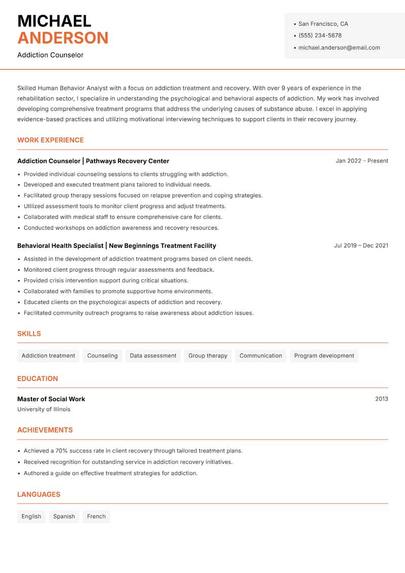 Human Behavior Analyst resume sample — Addiction Counselor focus