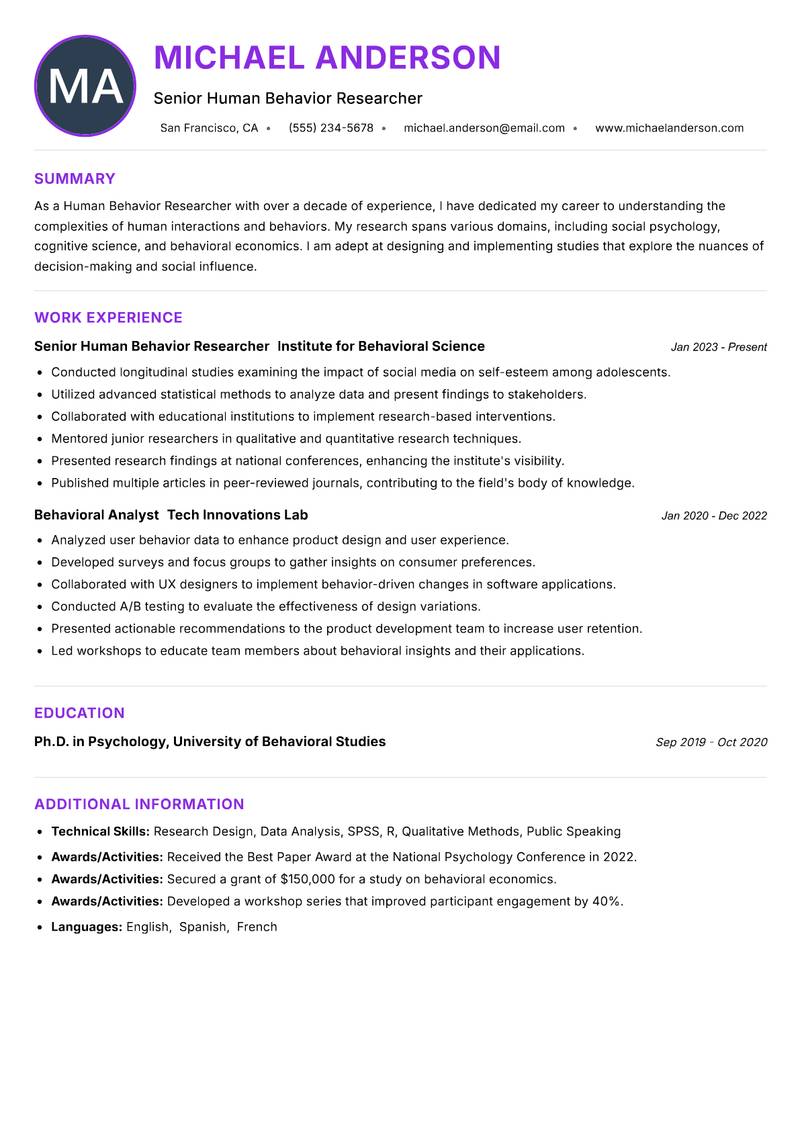 Human Behavior Researcher resume example