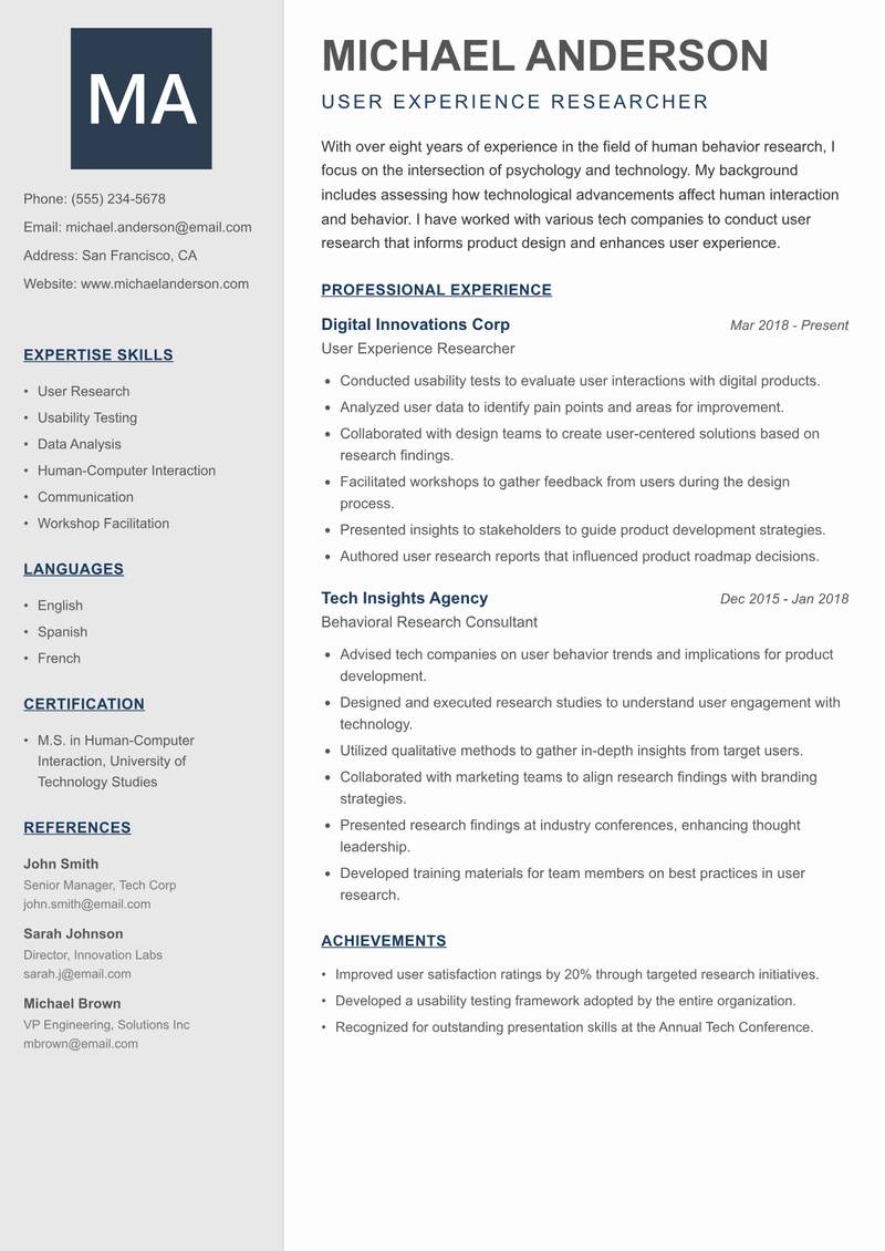 Human Behavior Researcher resume sample — User Experience Researcher focus
