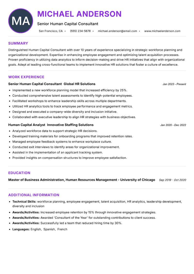 Human Capital Consultant resume example