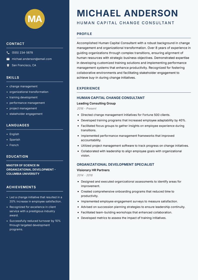 Human Capital Consultant resume sample — Human Capital Change Consultant focus