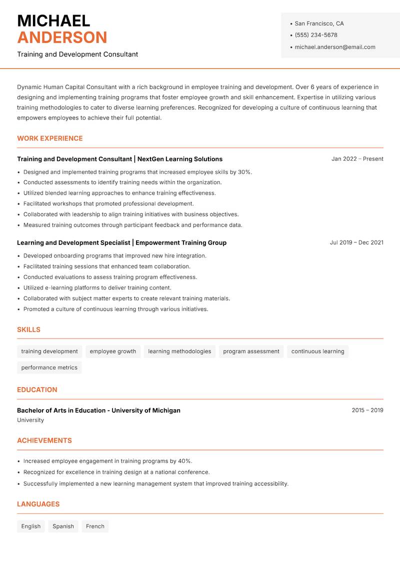 Human Capital Consultant resume sample — Training and Development Consultant focus