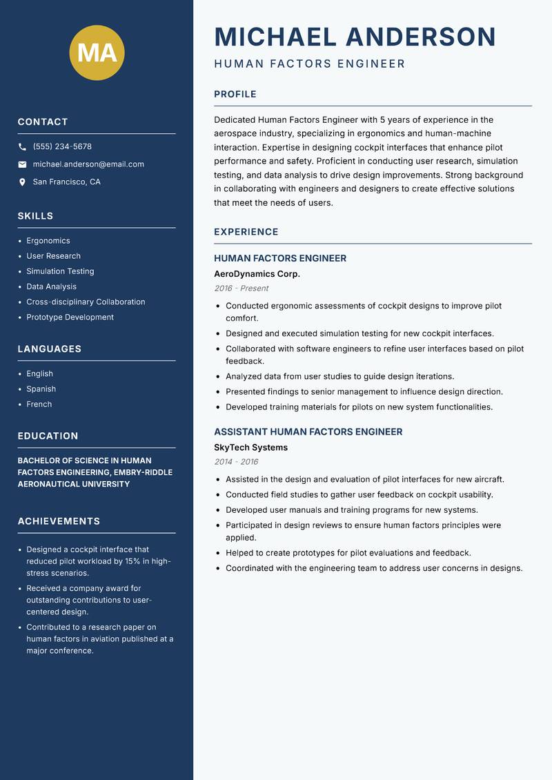 Human Factors Engineer resume sample — Human Factors Engineer focus