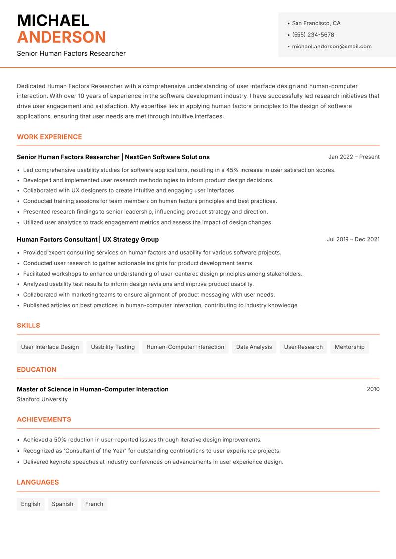 Human Factors Researcher resume sample — Senior Human Factors Researcher focus