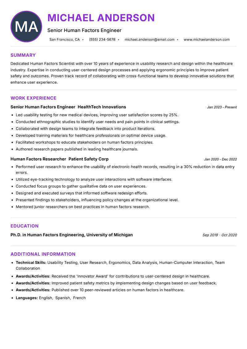 Human Factors Scientist resume example