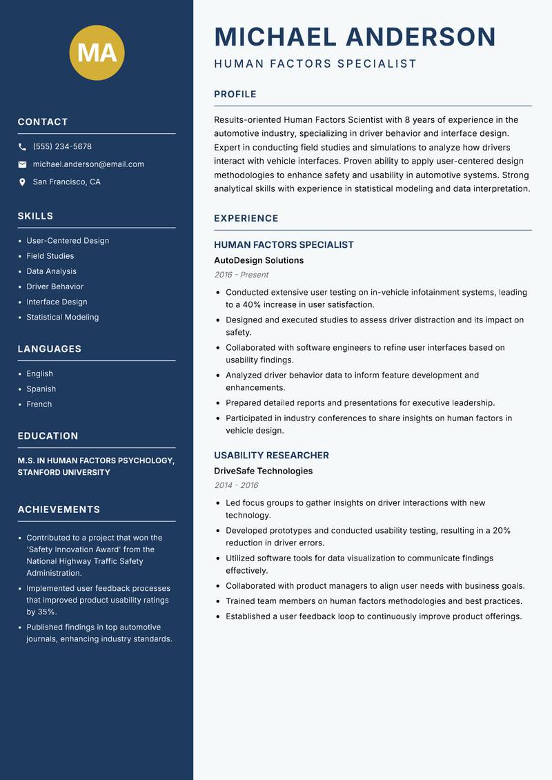 Human Factors Scientist resume sample — Human Factors Specialist focus