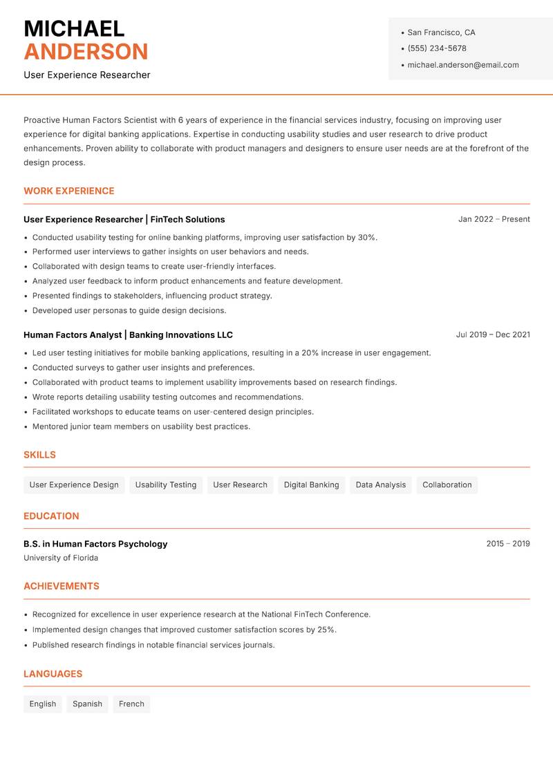 Human Factors Scientist resume sample — User Experience Researcher focus
