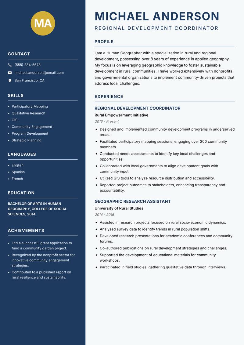 Human Geographer resume sample — Regional Development Coordinator focus