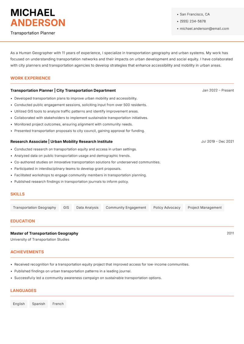 Human Geographer resume sample — Transportation Planner focus