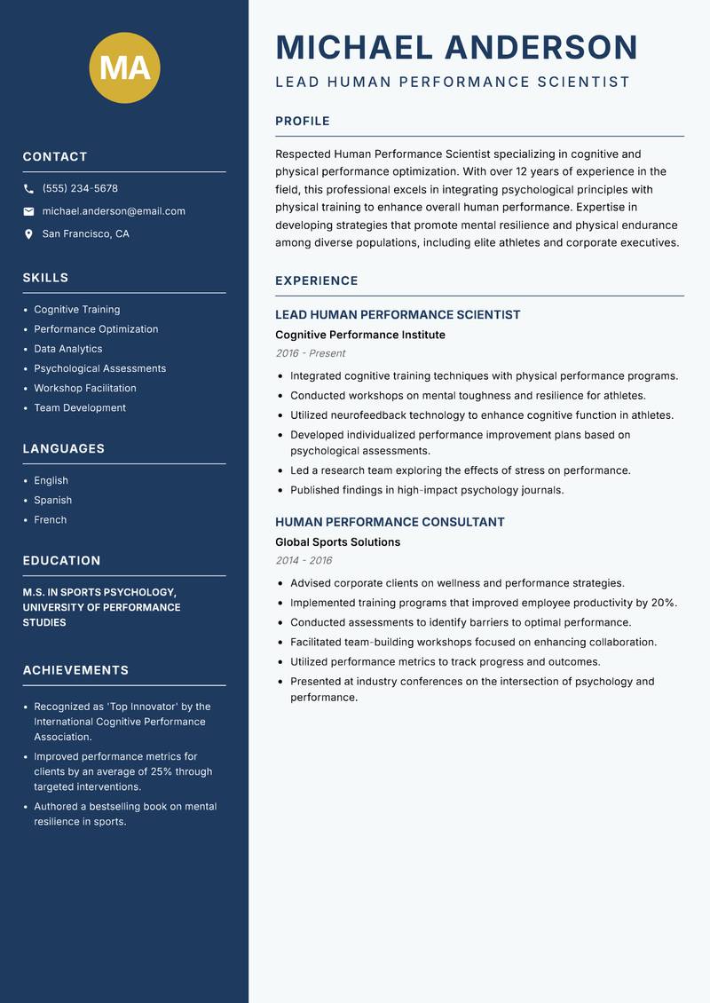 Human Performance Scientist resume sample — Lead Human Performance Scientist focus