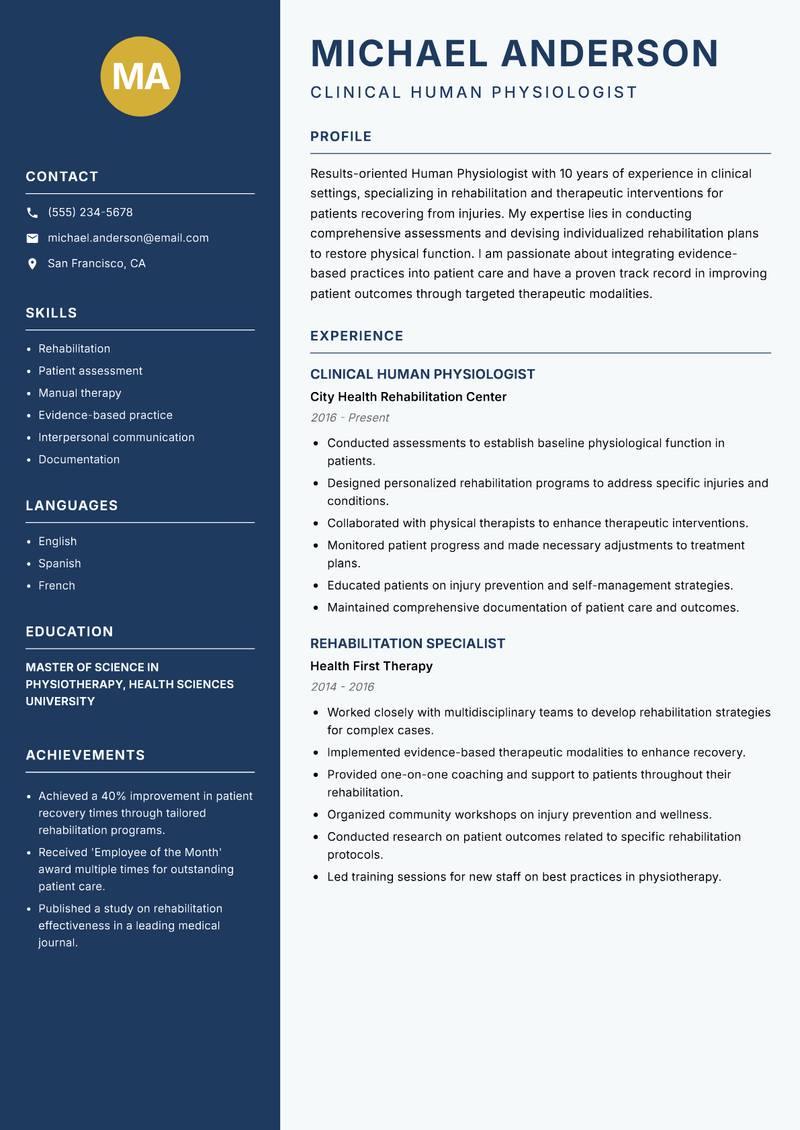 Human Physiologist resume sample — Clinical Human Physiologist focus