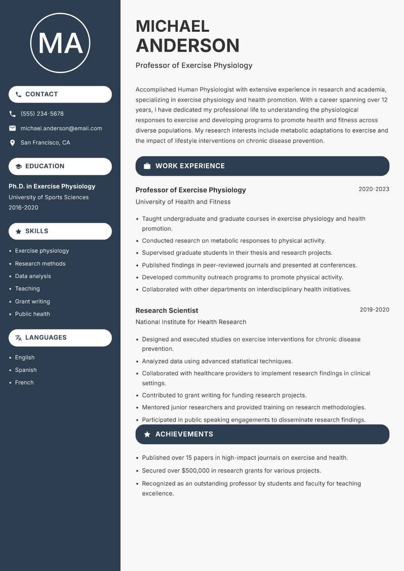 Human Physiologist resume sample — Professor of Exercise Physiology focus