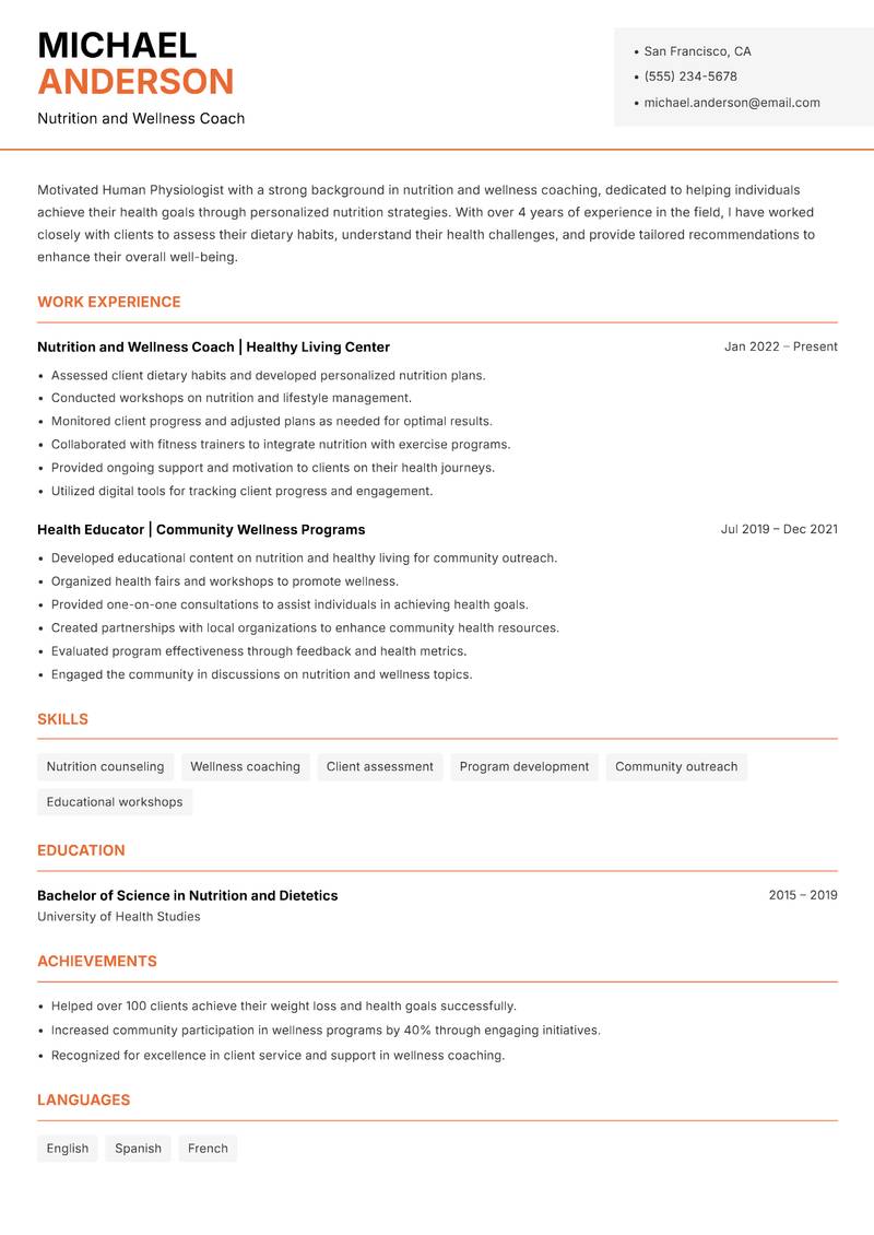Human Physiologist resume sample — Nutrition and Wellness Coach focus