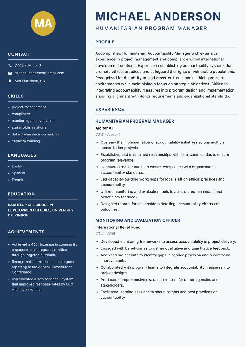 Humanitarian Accountability Manager resume sample — Humanitarian Program Manager focus