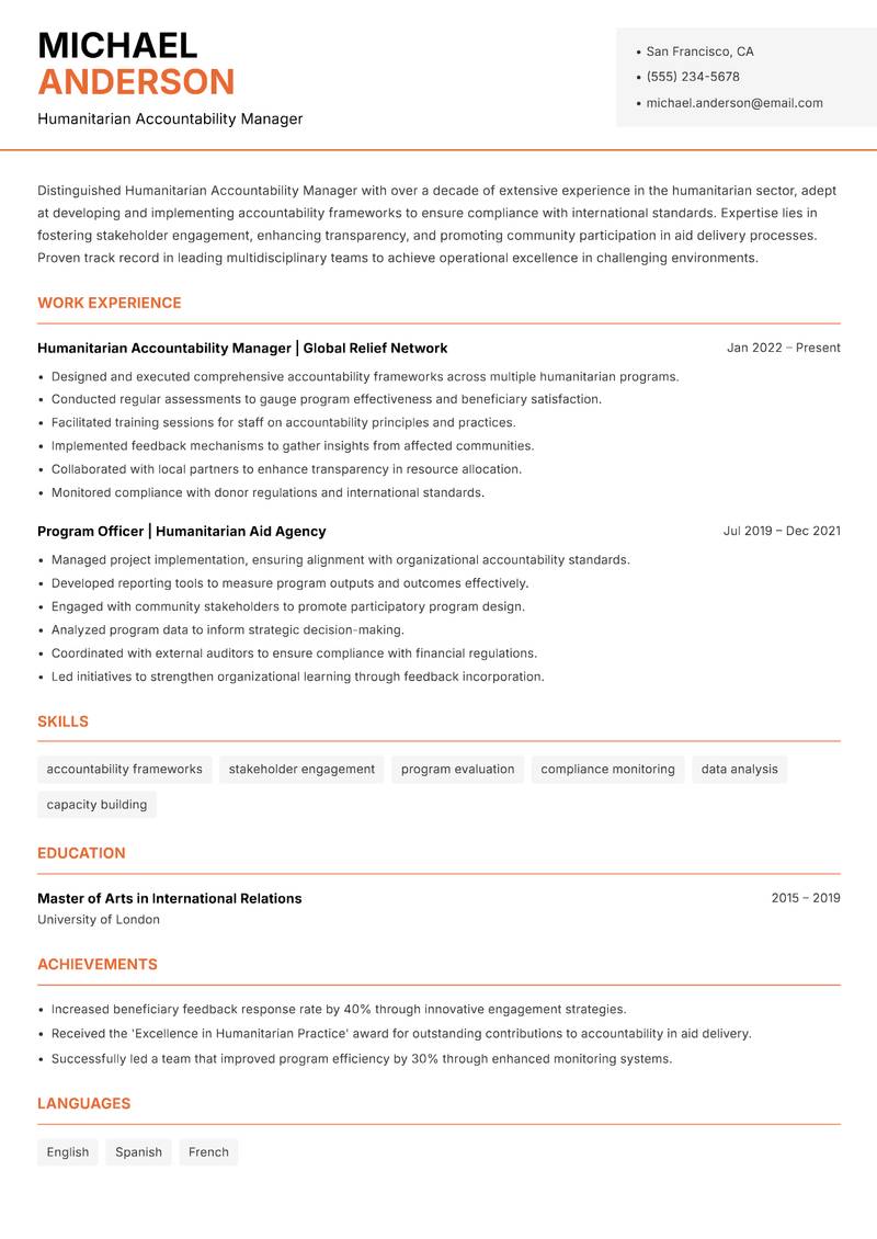 Humanitarian Accountability Manager resume sample — Humanitarian Accountability Manager focus