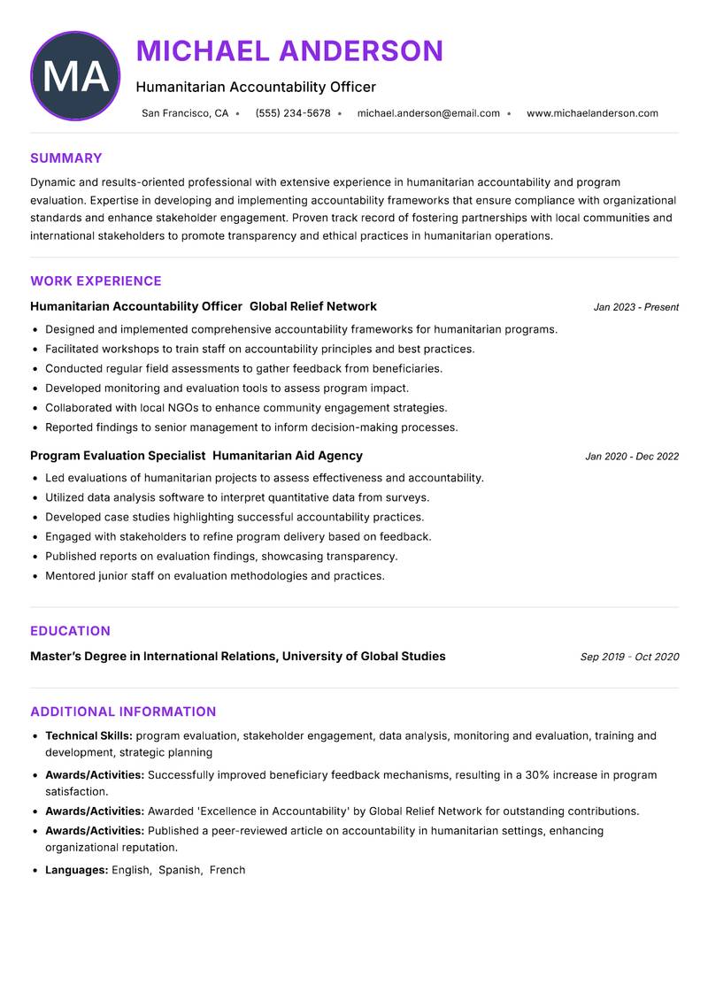 Humanitarian Accountability Officer resume example