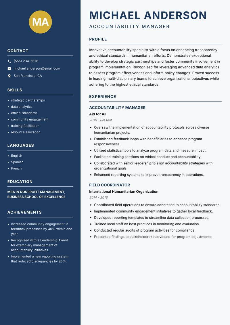 Humanitarian Accountability Officer resume sample — Accountability Manager focus