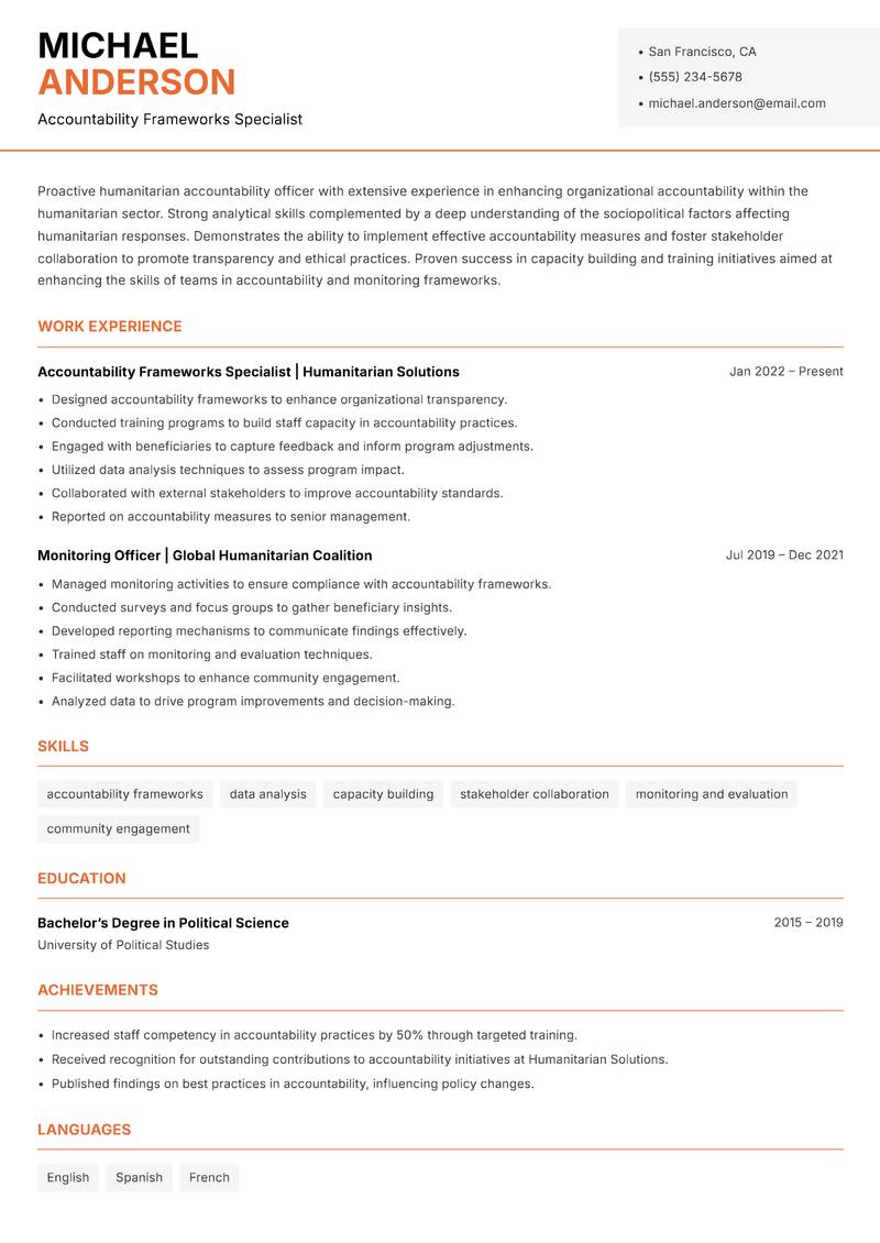 Humanitarian Accountability Officer resume sample — Accountability Frameworks Specialist focus