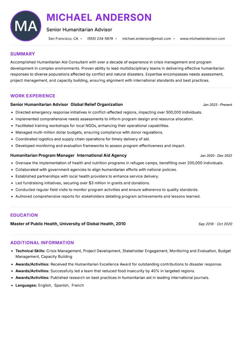 Humanitarian Aid Consultant resume example