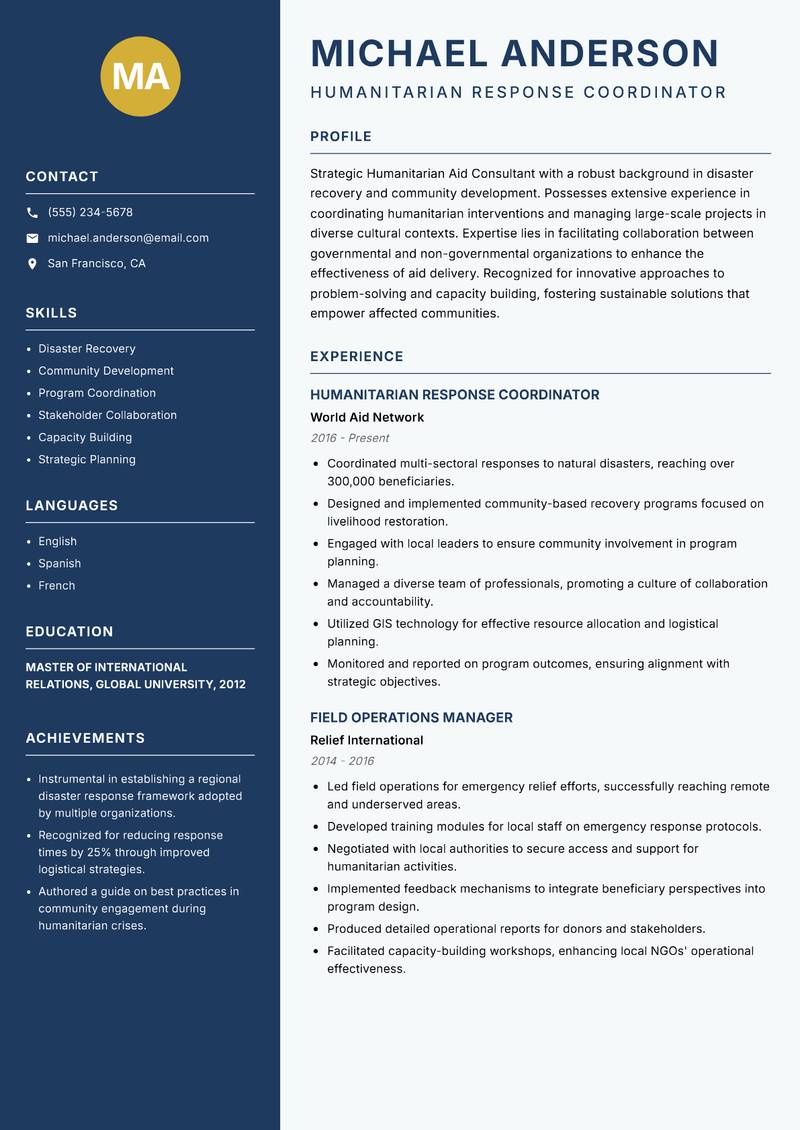 Humanitarian Aid Consultant resume sample — Humanitarian Response Coordinator focus