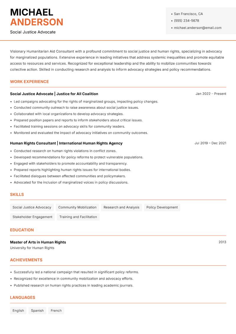 Humanitarian Aid Consultant resume sample — Social Justice Advocate focus