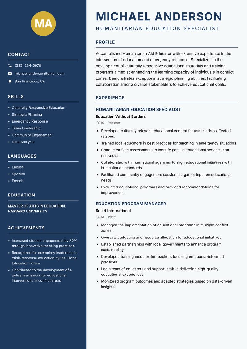 Humanitarian Aid Educator resume sample — Humanitarian Education Specialist focus
