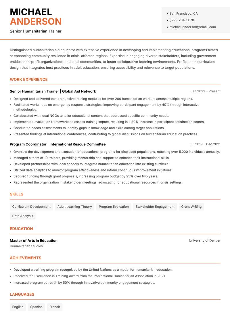 Humanitarian Aid Educator resume sample — Senior Humanitarian Trainer focus