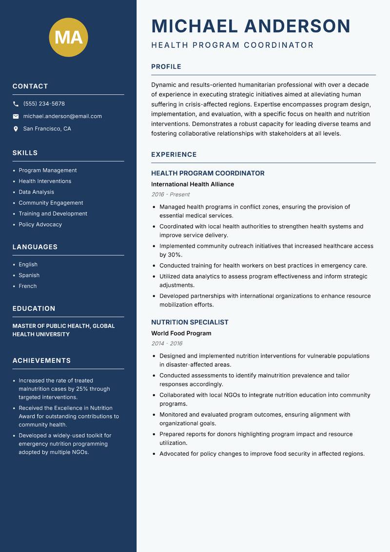 Humanitarian Aid Executive resume sample — Health Program Coordinator focus