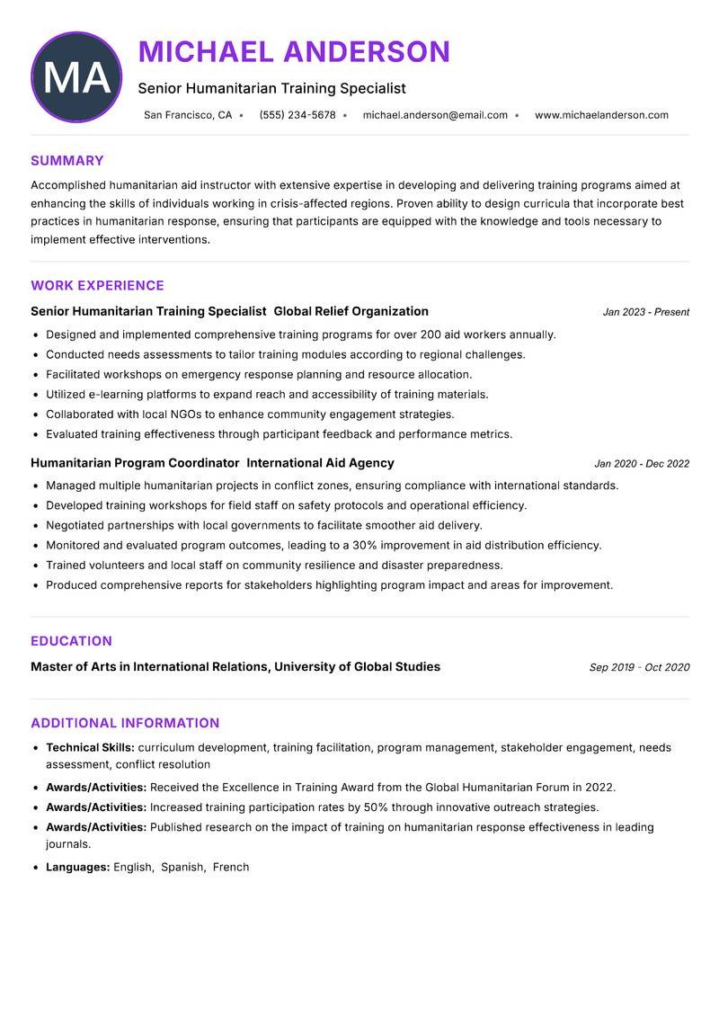 Humanitarian Aid Instructor resume example