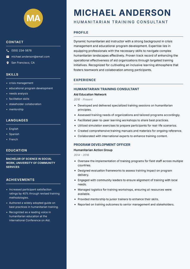 Humanitarian Aid Instructor resume sample — Humanitarian Training Consultant focus