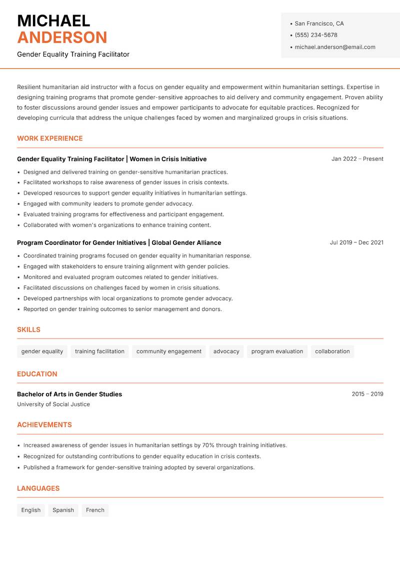 Humanitarian Aid Instructor resume sample — Gender Equality Training Facilitator focus
