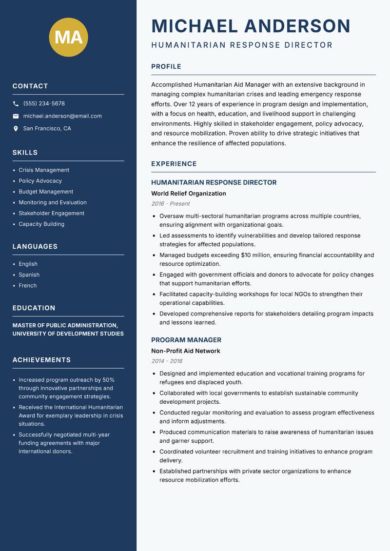 Humanitarian Aid Manager resume sample — Humanitarian Response Director focus