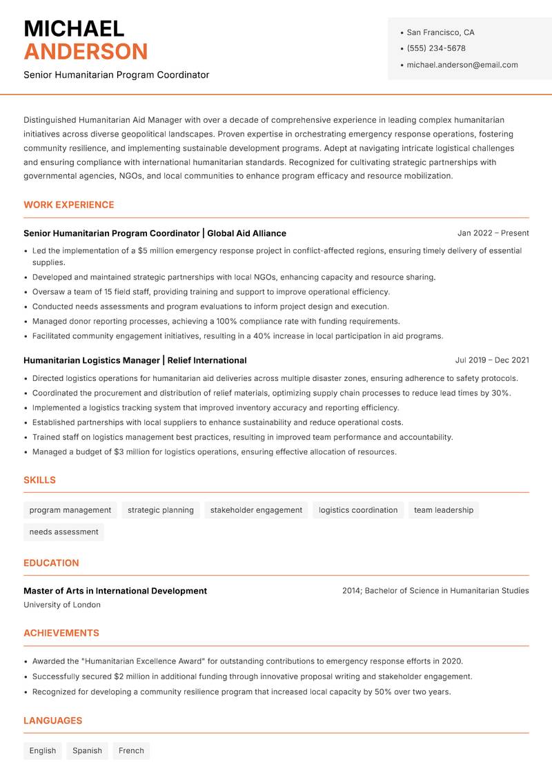 Humanitarian Aid Manager resume sample — Senior Humanitarian Program Coordinator focus