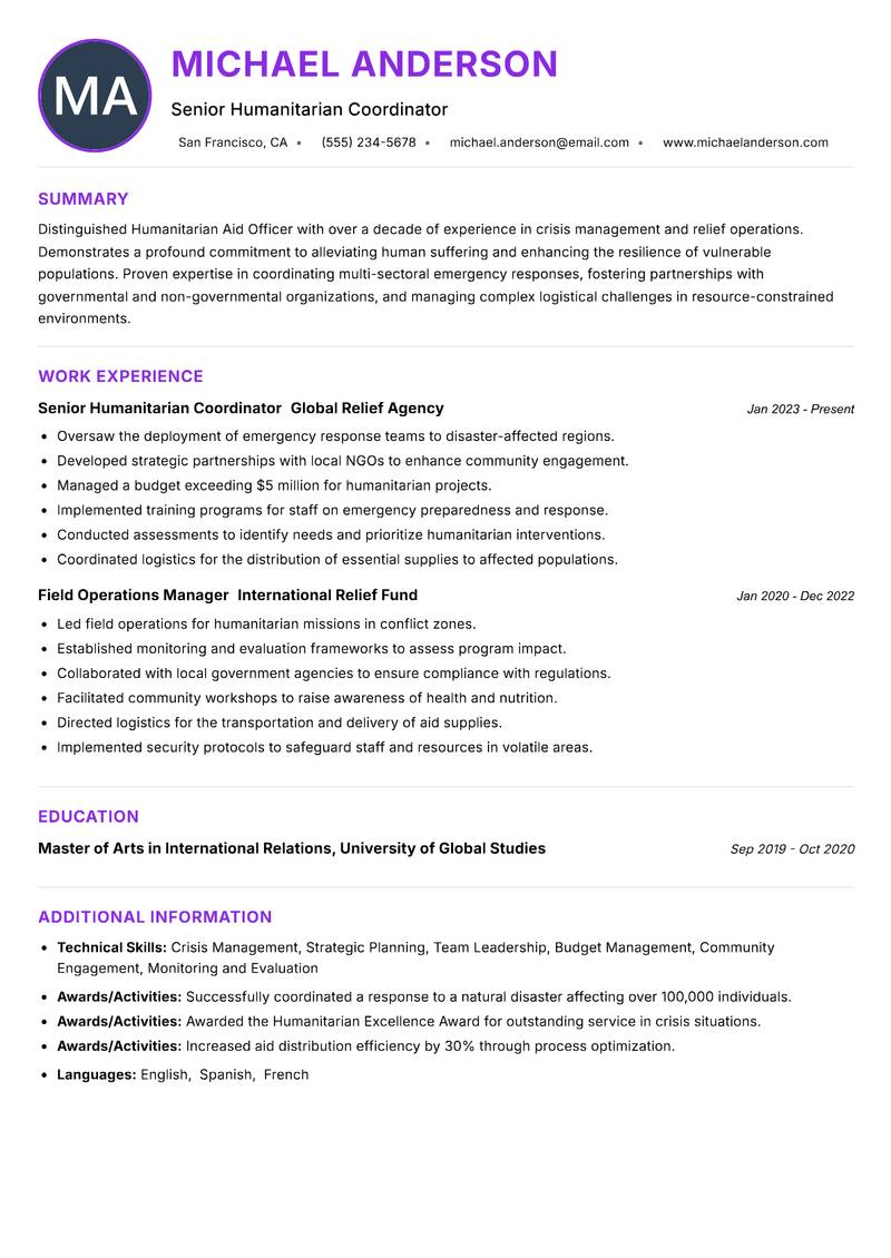Humanitarian Aid Officer resume example