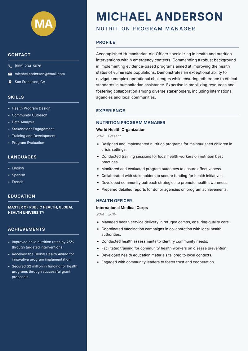 Humanitarian Aid Officer resume sample — Nutrition Program Manager focus
