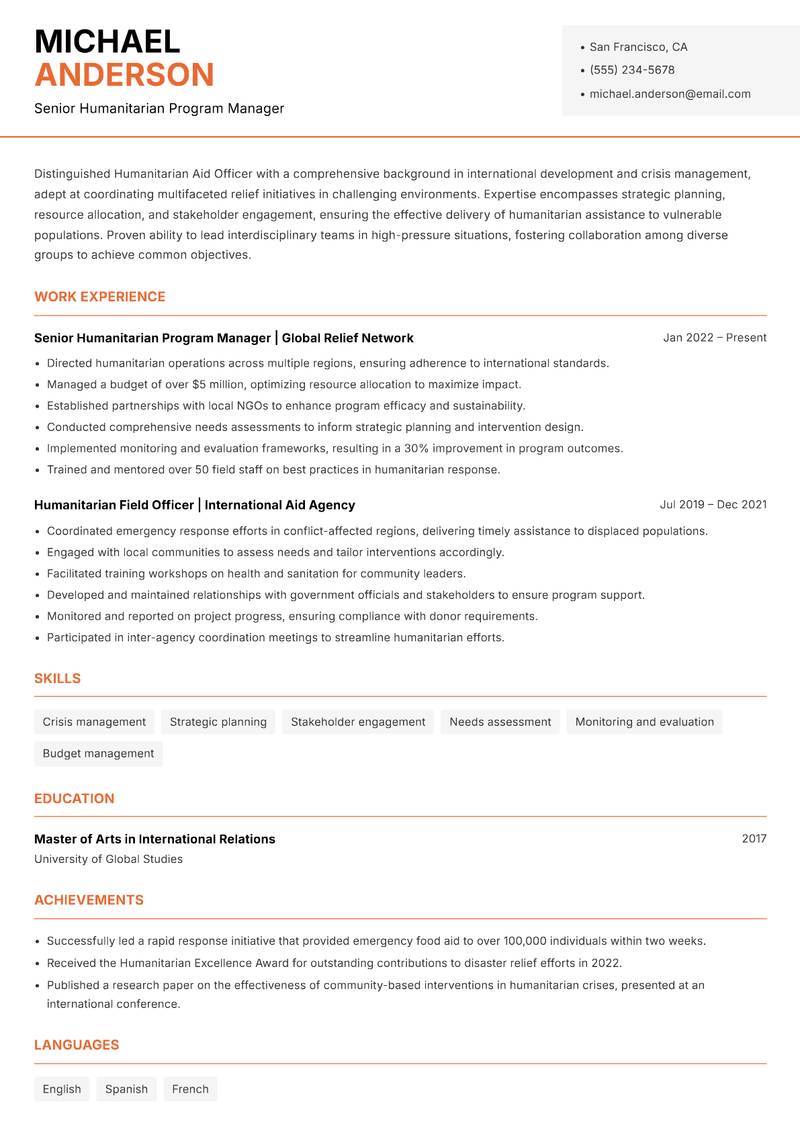 Humanitarian Aid Officer resume sample — Senior Humanitarian Program Manager focus
