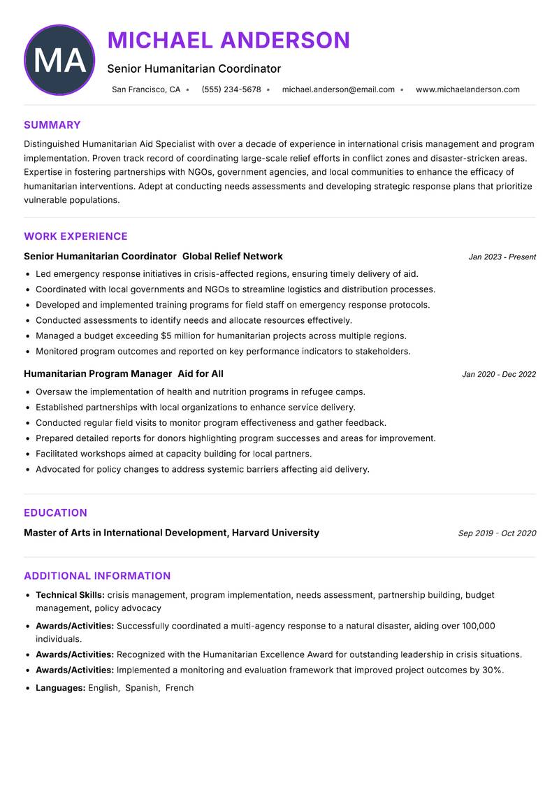 Humanitarian Aid Specialist resume example