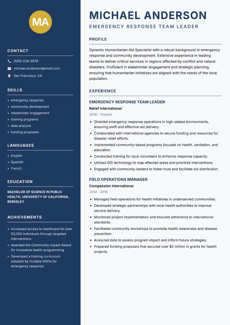 Humanitarian Aid Specialist resume sample — Emergency Response Team Leader focus