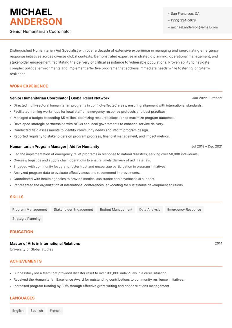 Humanitarian Aid Specialist resume sample — Senior Humanitarian Coordinator focus