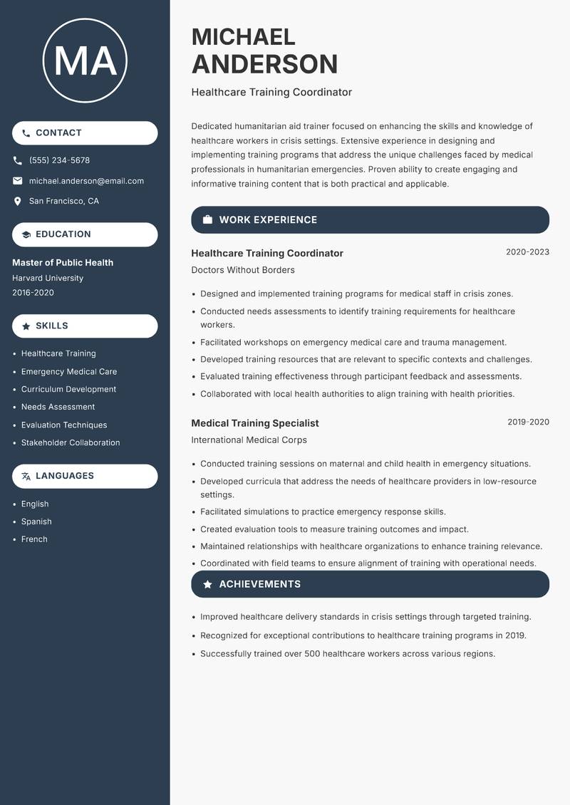 Humanitarian Aid Trainer resume sample — Healthcare Training Coordinator focus