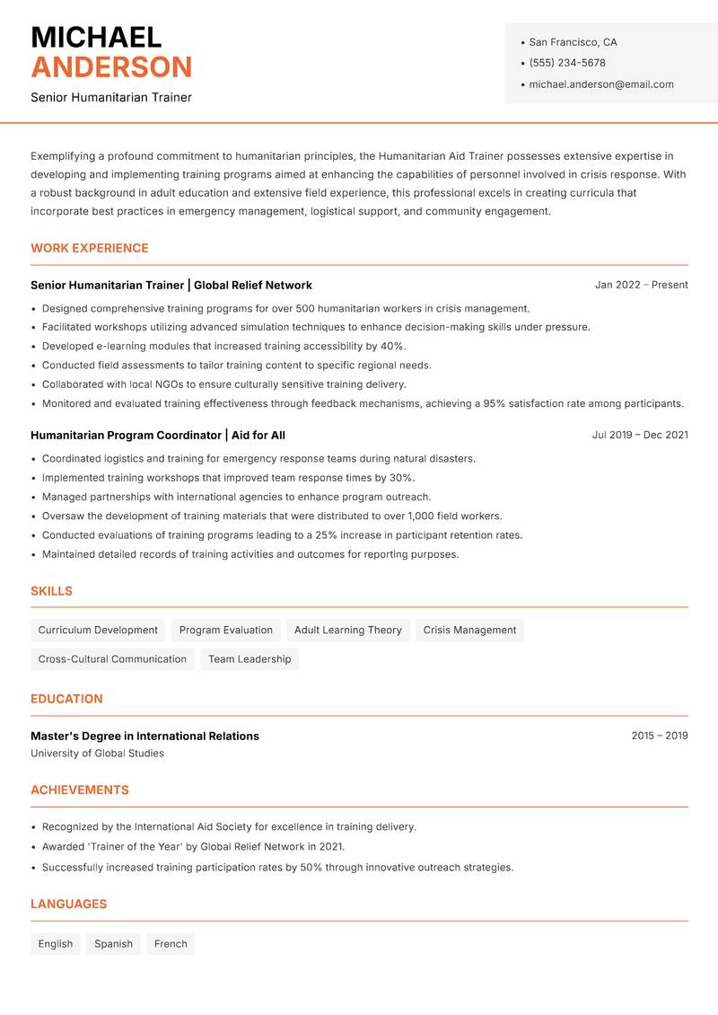 Humanitarian Aid Trainer resume sample — Senior Humanitarian Trainer focus